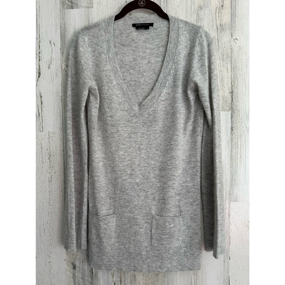 BCBGMaxazria Womens Sweater Large (Small) Heathered Gray Vneck Angora Wood Blend